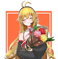Rule 34 | 1girl, ahoge, bad id, bad pixiv id, beads, black sleeves, blonde hair, blush, bouquet, cleavage cutout, clothing cutout, detached sleeves, closed eyes, facing viewer, flower, hair beads, hair ornament, headphones, headset, holding, holding bouquet, long hair, necktie, pink flower, red flower, shidoh279, smile, solo, tsurumaki maki, upper body, very long hair, voiceroid, yellow flower