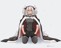 Rule 34 | 1girl, black gloves, black pantyhose, breasts, closed mouth, coat, coat on shoulders, commentary request, dark-skinned female, dark skin, gloves, grey background, grey hair, hair between eyes, headgear, highres, jacket, kantai collection, large breasts, long hair, looking at viewer, low twintails, musashi (kancolle), musashi kai ni (kancolle), pantyhose, pleated skirt, red eyes, rin (rin niji), sakuramon, seiza, sidelocks, simple background, sitting, skirt, solo, twintails, twitter username, very long hair
