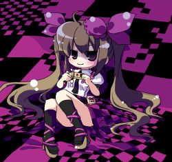 Rule 34 | 1girl, brown hair, cellphone, checkered clothes, checkered skirt, chibi, female focus, himekaidou hatate, kasane, lying, on back, parody, phone, ribbon, sitting, skirt, solo, touhou, twintails, vocaloid, world is mine (vocaloid)