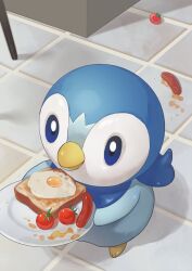 Rule 34 | animal focus, bird, blue eyes, bread, bread slice, cherry tomato, commentary request, creatures (company), dropped food, food, fried egg, fried egg on toast, game freak, gen 4 pokemon, highres, holding, holding plate, indoors, nintendo, no humans, penguin, pepper (spice), piplup, plate, pokemon, pokemon (creature), pokemon airy, sausage, toast, tomato, walking