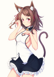 Rule 34 | &gt;:), 1girl, absurdres, animal ears, barefoot, black skirt, breasts, brown hair, cat ears, cat tail, claw pose, cleavage cutout, clothing cutout, cowboy shot, frilled skirt, frills, hair ribbon, highres, medium breasts, ochiai miyabi, original, red eyes, red ribbon, ribbon, ringed eyes, shirt, short hair, sideboob, simple background, skirt, sleeveless, sleeveless shirt, smile, solo, swept bangs, tail, two side up, white background, white shirt