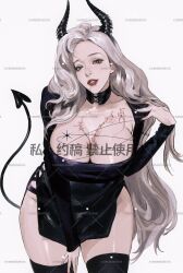 Rule 34 | 1girl, black choker, black thighhighs, breast tattoo, breasts, cbb (tuucoo), chinese commentary, choker, cleavage, collarbone, commission, demon girl, demon horns, demon tail, green eyes, grey hair, hand on own shoulder, hand on own thigh, heterochromia, highres, horns, large breasts, leaning forward, long hair, looking at viewer, original, parted lips, red eyes, skindentation, smile, solo, tail, tattoo, thighhighs, very long hair, watermark