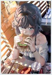 Rule 34 | 1girl, absurdres, armpit crease, artist name, bare shoulders, black hair, black hairband, blue eyes, blush, bob cut, border, burger, collarbone, commentary, cup, dated commentary, day, disposable cup, drink, drinking straw, earbuds, earphones, earphones removed, eating, elbows on table, english commentary, eyelashes, fast food, fingernails, food, french fries, hairband, hands up, hani haya, highres, holding, holding food, ketchup, lettuce, looking at viewer, midriff peek, off-shoulder shirt, off shoulder, original, phone, plate, salt shaker, shirt, short hair, short sleeves, shorts, sitting, solo, table, tomato, twilight, white border, white shirt, window, wireless earphones, wristband