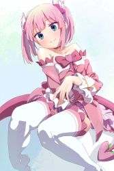 Rule 34 | 1girl, absurdres, blue eyes, blush, breasts, chiyoda momo, closed mouth, collarbone, eyebrows hidden by hair, highres, looking at viewer, machikado mazoku, magical girl, oekakiism, pink hair, short hair, small breasts, smile, solo, thighhighs, white thighhighs
