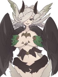Rule 34 | 1girl, bad id, bad twitter id, black feathers, black wings, breasts, elil (granblue fantasy), feathered wings, feathers, granblue fantasy, green eyes, green feathers, hair over one eye, harpy, head wings, highres, horns, large breasts, long hair, looking at viewer, monster girl, navel, open mouth, simple background, solo, thighs, white background, white hair, winged arms, wings, yonaga san