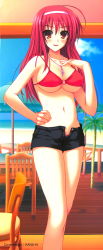 Rule 34 | 1girl, bare shoulders, bikini, bikini top only, blush, breasts, chair, cleavage, cloud, collar, female focus, hairband, hand on own hip, happy, highres, large breasts, legs, long hair, looking at viewer, midriff, navel, parasol, red eyes, red hair, short shorts, shorts, sky, smile, solo, standing, summer, swimsuit, table, thighs, tomose shunsaku, umbrella, unzipped