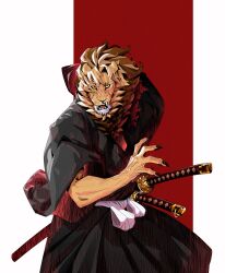 Rule 34 | 1boy, animal ears, black eyes, body fur, brown fur, claws, colored sclera, fangs, furry, furry male, hakama, hakama skirt, highres, japanese clothes, katana, lion boy, lion ears, llishifu, long sleeves, male focus, mane, open mouth, original, red background, red pupils, simple background, skirt, solo, standing, sword, upper body, weapon, wide sleeves, yellow sclera