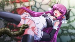 Rule 34 | 1girl, censored, demon girl, flat chest, horns, naughty face, panties, panty pull, purple hair, solo, tentacles, thighhighs, underwear