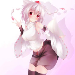 Rule 34 | 1girl, absurdres, animal ears, bare shoulders, black thighhighs, blush, breasts, detached sleeves, hat, highres, inubashiri momiji, large breasts, looking at viewer, midriff, navel, nicoby, no bra, pom pom (clothes), red eyes, shirt, short hair, silver hair, simple background, skirt, smile, solo, tail, thighhighs, thighs, tokin hat, touhou, wolf ears, wolf tail, zettai ryouiki