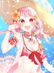 Rule 34 | 1girl, :d, bad id, bad pixiv id, bang dream!, bikini, blue background, bracelet, corsage, detached sleeves, earrings, flower, food-themed hair ornament, frilled bikini, frills, front-tie bikini top, front-tie top, fruit, hair flower, hair ornament, hair scrunchie, hand up, hat, hibiscus, highres, jewelry, kiwi (fruit), kiwi slice, long hair, low twintails, maruyama aya, navel, necklace, open mouth, orange flower, patzzi, pink eyes, pink hair, red bikini, scrunchie, short sleeves, smile, solo, sparkle, star (symbol), star earrings, straw hat, strawberry hair ornament, sun hat, swimsuit, tassel, tassel earrings, twintails, upper body, white scrunchie, yellow flower