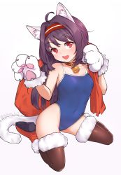 Rule 34 | 1girl, ahoge, animal ears, animal hands, bare shoulders, bell, blue one-piece swimsuit, breasts, brown thighhighs, cat ears, cat girl, cat tail, choker, competition school swimsuit, covered navel, gloves, hairband, hands up, highleg, highleg swimsuit, highres, holding, holding sack, lavie, long hair, looking at viewer, neck bell, one-piece swimsuit, open mouth, over shoulder, paw gloves, pointy ears, purple hair, red choker, red eyes, sack, school swimsuit, simple background, sitting, smile, solo, striped choker, swimsuit, sword art online, tail, thighhighs, wariza, white background, yuuki (sao)