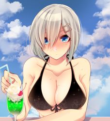Rule 34 | 10s, 1girl, bad id, bad pixiv id, bikini, black bikini, blue eyes, blue sky, blush, breasts, cherry, close-up, cloud, cocktail, day, drinking straw, expressionless, food, front-tie bikini top, front-tie top, fruit, hair ornament, hair over one eye, hairclip, hamakaze (kancolle), kantai collection, large breasts, shisei (kyuushoku banchou), short hair, silver hair, sky, solo, swimsuit, upper body