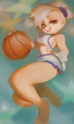 1girl :3 animal animal_ears animal_nose ball bare_shoulders barefoot basketball blonde_hair blurry body_fur breasts buck_teeth crop_top furry furry_female gloves green_eyes hand_on_own_hip happy holding holding_ball lola_bunny looking_at_viewer looney_tunes medium_breasts midriff navel no_bra open_mouth rabbit shirt short_hair short_shorts shorts sleeveless sleeveless_shirt smile solo space_jam sportswear star_(symbol) tail teeth thighs underboob wamudraws white_gloves white_shirt white_shorts