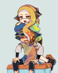 Rule 34 | 1boy, 1girl, :d, agent 3 (splatoon), agent 4 (splatoon), artist name, black footwear, black pants, black shirt, black shorts, blonde hair, blue hat, blush stickers, boots, brown eyes, colored lineart, commentary request, fangs, green background, green hair, green jacket, grey shirt, hands on another&#039;s head, hands on own knees, hat, headphones, highres, hood, hood down, hooded jacket, inkling, inkling boy, inkling girl, inkling player character, jacket, layered shirt, long hair, long sleeves, nintendo, open mouth, orange eyes, pants, patchwork clothes, peaked cap, shirt, shorts, simple background, sitting, smile, splatoon (series), splatoon 3, standing, sweat, tentacle hair, torn clothes, torn pants, v-shaped eyebrows, very long hair, wavy hair, yonaga story
