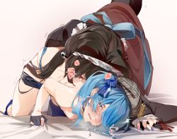 Rule 34 | 2girls, animal ears, bed sheet, blue hair, blue nails, blush, brown hair, clenched hand, crossover, crying, duplicate, femdom, gloves, hat, headdress, heart, holding hands, hololive, hoshimachi suisei, implied fingering, interlocked fingers, inui toko, licking, licking back, maid, maid headdress, multiple girls, nail polish, nijisanji, nipples, parted lips, partially fingerless gloves, saliva, sheet grab, simple background, single thighhigh, spoken heart, tail, tears, thighhighs, tongue, tongue out, topless, trembling, uno ryoku, virtual youtuber, wa maid, yin yang, yuri