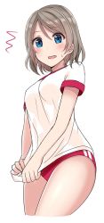 Rule 34 | 10s, 1girl, ^^^, alternate costume, blue eyes, blush, buruma, commentary request, eyebrows, gym uniform, highres, holding, holding clothes, holding shirt, looking at viewer, love live!, love live! school idol festival, love live! sunshine!!, mizukoshi (marumi), shirt, short hair, simple background, solo, watanabe you, white background