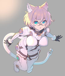 Rule 34 | 1girl, absurdres, animal ear fluff, animal ears, black gloves, blue eyes, bob cut, bodysuit, breasts, cable, cable tail, cat ears, cat girl, cat tail, enkyo yuuichirou, floating, full body, glasses, gloves, grey background, grey hair, highres, large breasts, looking at viewer, mechanical tail, medium hair, original, parted lips, pince-nez, simple background, slit pupils, solo, tail, white bodysuit