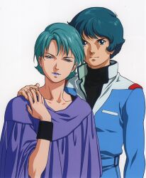 Rule 34 | 1980s (style), 1boy, 1girl, alternate universe, aqua hair, artist request, black eyes, blue hair, four murasame, good end, gundam, hand on another&#039;s shoulder, highres, holding hands, jumpsuit, kamille bidan, key visual, looking at viewer, military, military uniform, official art, oldschool, promotional art, purple lips, retro artstyle, scan, science fiction, serious, uniform, upper body, white background, wristband, zeta gundam