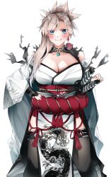 Rule 34 | 1girl, absurdres, bare shoulders, black thighhighs, blue eyes, blush, breasts, cleavage, dragon print, earrings, fate/samurai remnant, fate (series), hair ornament, highres, japanese clothes, jewelry, katana, kimono, large breasts, len (hand linke), long hair, long sleeves, looking at viewer, magatama, miyamoto musashi (fate), obi, pelvic curtain, pink hair, ponytail, rope belt, sash, smile, solo, swept bangs, sword, thighhighs, thighs, weapon, white kimono, wide sleeves