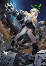 Rule 34 | 1girl, black skirt, black socks, blue archive, blush, breasts, drawing rak, green eyes, green halo, gun, halo, holding, holding gun, holding weapon, jacket, large breasts, light brown hair, long hair, long sleeves, nonomi (blue archive), open clothes, open jacket, open mouth, pleated skirt, shoes, skirt, smile, socks, solo, standing, weapon, white footwear, yellow jacket
