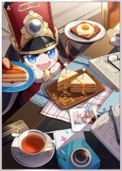 1other androgynous blue_eyes border bread bread_slice cake cake_slice camera checkered_tablecloth chibikemo cup food fried_egg from_above furry glasses hat highres honkai:_star_rail honkai_(series) looking_at_viewer newspaper notebook official_art open_mouth other_focus pen photo_(object) plate pom-pom_(honkai:_star_rail) red_hat sandwich saucer solo table tablecloth tea teacup teaspoon third-party_source toast unworn_eyewear white_border