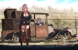 Rule 34 | 2girls, advarcher, black footwear, black jacket, black skirt, blue eyes, blue hair, blue hoodie, blurry, blurry background, boots, breasts, brown thighhighs, car, cleavage, closed mouth, crate, depth of field, gawr gura, grin, hair ornament, highres, hololive, hololive english, hood, hood down, hoodie, jacket, large breasts, long hair, long sleeves, mori calliope, motor vehicle, multicolored hair, multiple girls, one side up, pink hair, red eyes, skirt, sleeves past wrists, smile, star (symbol), streaked hair, thighhighs, thighhighs under boots, very long hair, virtual youtuber, weapon, white hair