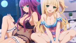 Rule 34 | 2girls, :d, bare shoulders, bed, black bra, black panties, blunt bangs, blush, bow, bra, breasts, bridal garter, cleavage, closed mouth, collarbone, dutch angle, frills, full moon, game cg, green eyes, hand on own knee, head tilt, indoors, large breasts, long hair, looking at viewer, moegihara arisa, moon, multiple girls, night, on bed, one side up, open mouth, own hands together, panties, plant, potted plant, purple bow, purple hair, sakura nova, setsuna kaguya, sitting, sky, smile, spread legs, star (sky), starry sky, underwear, underwear only, v arms, very long hair, wanaca, white bow