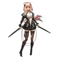Rule 34 | 1girl, animal ear fluff, arknights, armor, barcode, barcode tattoo, bare shoulders, black footwear, black jacket, blush, bodysuit, boots, breastplate, breasts, brown eyes, brown thighhighs, chipmunk girl, chipmunk tail, dual wielding, full body, gravel (arknights), guardless sword, headgear, headset, high heel boots, high heels, holding, holding sword, holding weapon, jacket, knee boots, long sleeves, looking at viewer, medium breasts, official art, open clothes, open jacket, partial bodysuit, pink hair, ryuuzaki ichi, sidelocks, skin tight, sleeveless, smile, solo, sword, tachi-e, tattoo, thick eyebrows, thigh strap, thighhighs, torn clothes, torn thighhighs, transparent background, unzipped, weapon, white bodysuit, wristband, zettai ryouiki