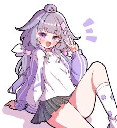 alternate_costume grey_hair highres hololive hololive_english koseki_bijou open_mouth pebble_(koseki_bijou) purple_eyes shirt shutowl skirt smile socks thick_thighs thighs virtual_youtuber white_shirt white_socks