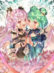 Rule 34 | 2girls, :d, absurdres, arm around shoulder, arm around waist, black dress, black ribbon, blue butterfly, blue dress, blurry, blurry background, blush, brooch, bug, butterfly, commentary request, double bun, dress, dual persona, earrings, flower, green hair, hair bun, hair ornament, hair ribbon, highres, holding hands, hololive, huge filesize, insect, jewelry, long hair, looking at viewer, multiple girls, off-shoulder dress, off shoulder, open mouth, pink hair, pink ribbon, red eyes, ribbon, rin31153336, short hair, skull hair ornament, smile, two side up, uruha rushia, uruha rushia (3rd costume), virtual youtuber, wrist cuffs