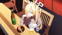 Rule 34 | 1girl, :3, alcohol, animal ear fluff, animal ears, anime coloring, beer, beer bottle, black necktie, blonde hair, blue archive, blush, bottle, bowl, breasts, cel shading, chair, chopsticks, closed mouth, counter, cup, dog ears, dog girl, drink, drunk, food, from above, grapeanime, grey eyes, grey shirt, hair over one eye, halo, head rest, highres, holding, holding cup, holding drink, indoors, kanna (blue archive), large breasts, long hair, long sleeves, looking at viewer, necktie, on chair, one eye covered, restaurant, shirt, sitting, smile, solo, white halo, wooden chair