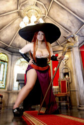 Rule 34 | 1girl, asian, breasts, chouzuki maryou, cosplay, dragon&#039;s crown, hat, highres, hip focus, large breasts, photo (medium), plump, red hair, solo, witch, sorceress (dragon&#039;s crown), sorceress (dragon&#039;s crown) (cosplay), staff, stained glass, thick thighs, thighs, wide hips, witch hat