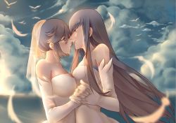 Rule 34 | 10s, 2girls, bare shoulders, bird, black hair, blue eyes, bridal veil, cloud, dress, elbow gloves, eye contact, face-to-face, feathers, gloves, holding hands, imminent kiss, incest, jewelry, kill la kill, kiryuuin satsuki, long hair, looking at another, matoi ryuuko, multicolored hair, multiple girls, nape, ornate ring, ring, short hair, siblings, sisters, sky, strapless, strapless dress, sunlight, upper body, veil, wedding dress, wedding ring, white dress, white gloves, wife and wife, yorukun, yuri