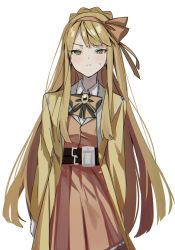 Rule 34 | 1girl, belt, blonde hair, blush, coat, green eyes, highres, library of ruina, long hair, mu46016419, project moon, ribbon, skirt, tiphereth a (project moon), white background, yellow coat, yellow ribbon