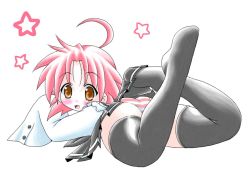 Rule 34 | 00s, 1girl, :d, ahoge, ass, black thighhighs, brown eyes, from behind, imai kazunari, kogami akira, looking back, lucky star, lying, on stomach, open mouth, orange eyes, panties, pink hair, short hair, sleeves past wrists, smile, solo, striped clothes, striped panties, thighhighs, underwear