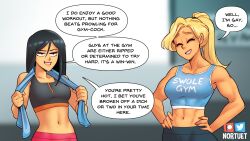 Rule 34 | 2girls, beverly (nortuet), black hair, blonde hair, breasts, closed eyes, english text, gym, hands on own hips, highres, medium breasts, midriff, multiple girls, muscular, muscular female, navel, nortuet, original, ponytail, sarah (nortuet), speech bubble, sports bra, upper body