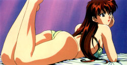 Rule 34 | 1990s (style), 1girl, ass, barefoot, bed sheet, bikini, green bikini, hand on own face, head rest, juliana (megami paradise), lipstick, long hair, lying, makeup, megami paradise, non-web source, official art, on stomach, purple background, red hair, red lips, retro artstyle, solo, swimsuit, the pose, thighs, yoshizane akihiro