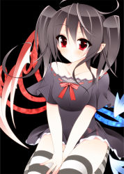 Rule 34 | 1girl, adapted costume, alternate hairstyle, asymmetrical wings, bad id, bad pixiv id, bare shoulders, black hair, dress, female focus, houjuu nue, long hair, pointy ears, red eyes, seiza, simple background, sitting, smile, solo, striped clothes, striped thighhighs, suzume miku, thighhighs, touhou, twintails, v arms, wings