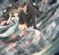 Rule 34 | 10s, 1girl, black thighhighs, blue eyes, brown hair, cloud, detached sleeves, doraragi, floating, headgear, hiei (kancolle), highres, kantai collection, light rays, looking at viewer, machinery, no shoes, nontraditional miko, panties, pantyshot, short hair, sky, smile, solo, sunbeam, sunlight, thighhighs, underwear