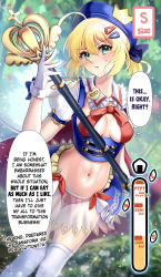 Rule 34 | 1girl, ahoge, artoria pendragon (fate), blonde hair, blue headwear, blush, breasts, cleavage, english text, fate/grand order, fate/stay night, fate (series), gloves, green eyes, hair ornament, hairclip, hard-translated, highres, holding, holding staff, layered skirt, looking at viewer, magical girl, medium breasts, name tag, navel, nepodayo, panties, revealing clothes, see-through, see-through skirt, skirt, speech bubble, staff, stomach, thighhighs, thighs, third-party edit, underwear, white gloves, white skirt, white thighhighs