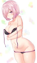 Rule 34 | 1girl, bare shoulders, bikini, blush, breasts, chiune (yachi), cleavage, cowboy shot, embarrassed, fate/grand order, fate (series), groin, hair over one eye, large breasts, looking at viewer, lowleg, lowleg bikini, mash kyrielight, navel, pink hair, purple eyes, short hair, solo, swimsuit, untied, white background