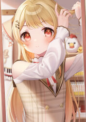 Rule 34 | 1girl, absurdres, adjusting hair, blonde hair, blush, brown dress, dress, fortissimo, hair ornament, highres, holding, holding own hair, hololive, hololive dev is, long hair, looking at viewer, monuke (monu), musical note, musical note hair ornament, one side up, otonose kanade, red eyes, smile, virtual youtuber