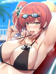 Rule 34 | 1girl, arm up, armpits, azur lane, bikini, black bikini, blue sky, blush, breasts, breathing, chair, cleavage, collarbone, day, fellatio gesture, fingernails, goggles, goggles on head, hair ornament, highres, large breasts, long hair, looking at viewer, lounge chair, o-ring, o-ring bikini, open mouth, outdoors, poolside, red hair, sexually suggestive, shin&#039;yashiki, side ponytail, sitting, skindentation, sky, smile, solo, swimsuit, tongue, tongue out, zara (azur lane), zara (poolside coincidence) (azur lane)