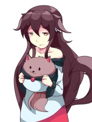 Rule 34 | 1girl, :3, animal, animal ears, brooch, brown hair, collarbone, dress, ears down, highres, holding, holding animal, imaizumi kagerou, jewelry, long sleeves, looking at viewer, mujib, red eyes, simple background, solo, tail, touhou, transparent background, white background, wide sleeves, wolf ears, wolf tail