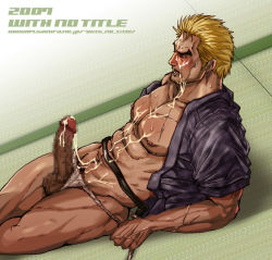 Rule 34 | 1boy, blonde hair, blush, censored, fundoshi, hairy testicles, japanese clothes, male focus, mr. karate, muscular, nikku (with no title), penis, pubic hair, ryou sakazaki, ryuuko no ken, snk, solo, the king of fighters, underwear
