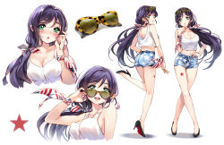 Rule 34 | 10s, 1girl, american flag, bare shoulders, blush, breasts, casual, cleavage, eyewear on head, glasses, green eyes, high heels, highres, large breasts, long hair, looking at viewer, love live!, love live! school idol project, midriff, multiple views, navel, open mouth, parted lips, ponytail, purple hair, sheska xue, shorts, smile, standing, sunglasses, tank top, tojo nozomi, very long hair