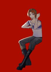 Rule 34 | 1girl, absurdres, annie (saibou shinkyoku), bandaged arm, bandages, bandana, black footwear, blue eyes, boots, chinese commentary, commentary request, cross-laced footwear, green bandana, grey pants, highres, invisible chair, kyoko (akakikyoko), lace-up boots, pants, parted bangs, print bandana, red background, red hair, saibou shinkyoku, shirt, short hair, short sleeves, simple background, sitting, solo, white shirt
