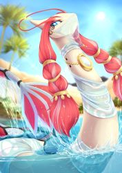 Rule 34 | animal focus, antennae, blue eyes, blue sky, blurry, blurry background, closed mouth, clothed pokemon, colored eyelashes, creatures (company), crystal, day, diamond (gemstone), game freak, gen 3 pokemon, hair tie, happy, highres, jewelry, long hair, looking at viewer, milotic, mr. tiaa, multicolored hair, necklace, nintendo, no humans, outdoors, palm tree, partially submerged, partially underwater shot, pink hair, pokemon, pokemon (creature), red hair, see-through, sky, smile, solo, sparkle, splashing, streaked hair, sun, sunlight, tree, two-tone hair, underwater, veil, water, wet, wet clothes