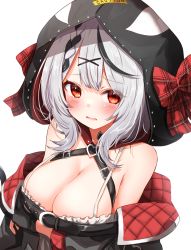 Rule 34 | 1girl, baram, bare shoulders, black gloves, black jacket, bow, breasts, camisole, caution, cleavage, commentary request, fingerless gloves, gloves, grey hair, hair ornament, hairclip, hololive, holox, hood, hood up, jacket, large breasts, long sleeves, looking at viewer, off-shoulder jacket, off shoulder, parted lips, plaid, plaid bow, red bow, red eyes, sakamata chloe, sakamata chloe (1st costume), simple background, solo, virtual youtuber, wavy mouth, white background, x hair ornament