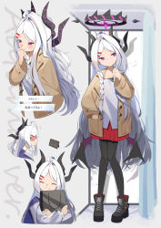 Rule 34 | 1girl, ^ ^, ^o^, absurdres, ahoge, alternate costume, bag, blue archive, braid, brown coat, casual, character sheet, closed eyes, coat, coat on shoulders, collarbone, commentary request, demon girl, demon horns, demon wings, dialogue options, forehead, gameplay mechanics, hair ornament, hairclip, halo, highres, hina (blue archive), horns, long hair, long sleeves, looking at viewer, looking away, parted bangs, parted lips, pleated skirt, pocket, ponytail, purple eyes, shopping bag, sidelocks, single braid, skirt, smile, solo, translation request, white hair, wings, yuki hishaku